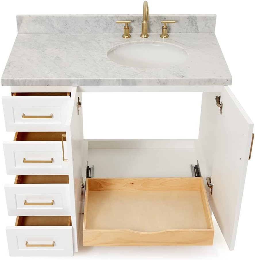 ARIEL Taylor 42-inch Bathroom Vanity with Sink,Solid Wood, 1.5-inch Italian Carrara Marble Countertop & Backsplash, Single Oval Porcelain Sink, 2 Soft Closing Doors, 5 Dovetail Drawers, White