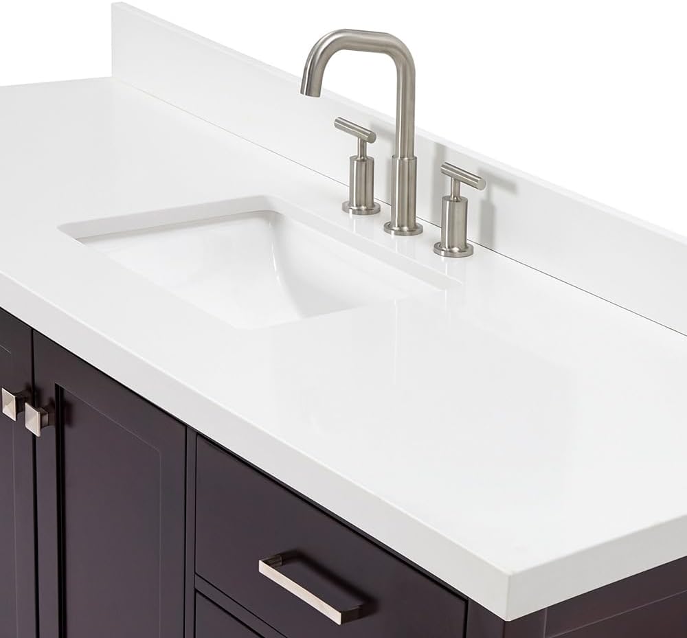ARIEL Cambridge 66-inch Bathroom Vanity with Sink,Solid Wood, 1.5-inch Pure White Quartz Countertop, Single Rectangular Porcelain Sink, 2 Soft Closing Doors, 9 Dovetail Drawers, Espresso