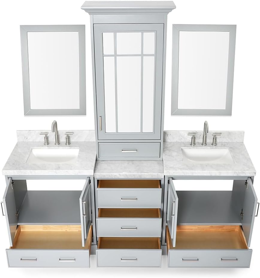 ARIEL Stafford 84-inch Bathroom Vanity with Sink,Solid Wood, 1.5-inch Italian Carrara Marble Countertop, Double Rectangular Porcelain Sink, 5 Soft Closing Doors, 6 Dovetail Drawers, Grey