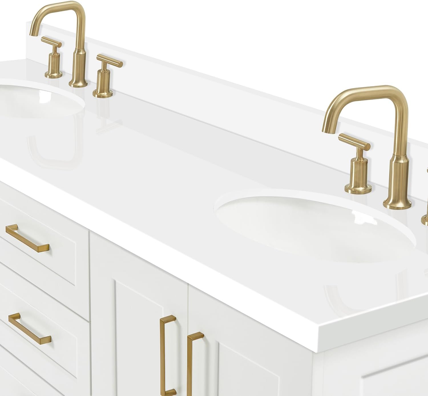 DKB Emilia 66-Inch White Double Bathroom Vanity, 1.5-Inch Edge Pure White Quartz Countertop & Backsplash, Oval Undermount Sinks, 4 Soft Closing Doors, 6 Dovetail Drawers, Toe Kick, Satin Brass