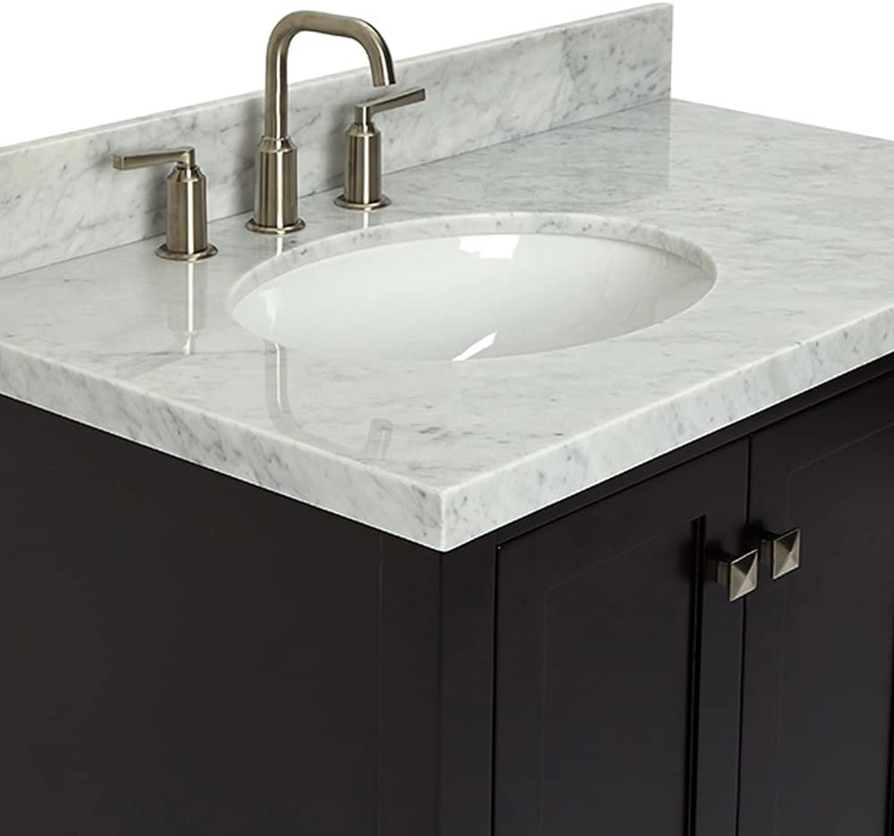 DKB Beckford 36-Inch Espresso Bathroom Vanity with Sink, 1.5-Inch Carrara Marble Countertop & Backsplash, Left Oval Undermount Sink, 2 Soft Closing Doors, 5 Dovetail Drawers, Solid Wood Frame