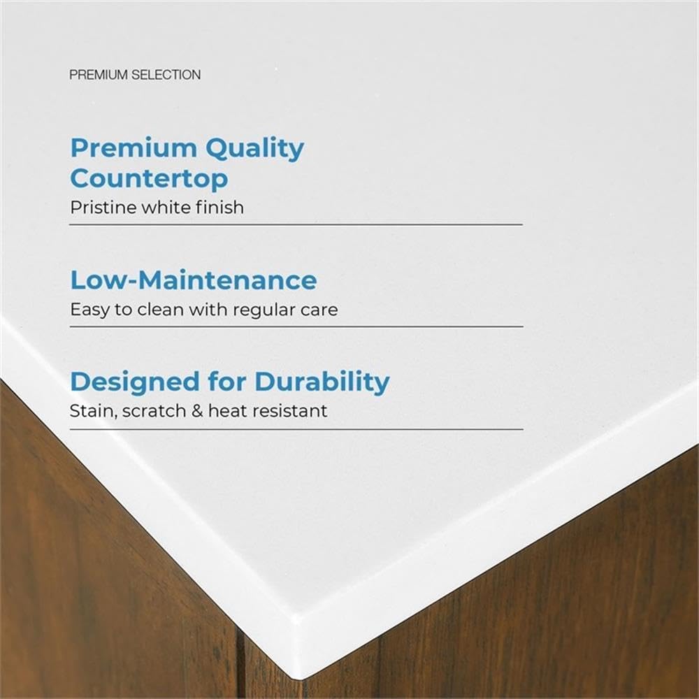 Pemberly Row 60' Bathroom Vanity, Warm Walnut Finish, White Engineered Stone Countertop, Double Undermount Sinks, Solid Wood Frame, Ample Storage, Premium Hardware, Modern Style for Master Bathrooms