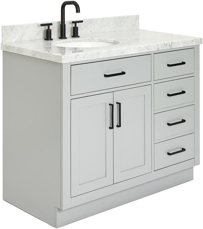 ARIEL Hepburn 43' Inch Left Offset Oval Sink Vanity with 1.5' Edge Carrara White Countertop in Grey
