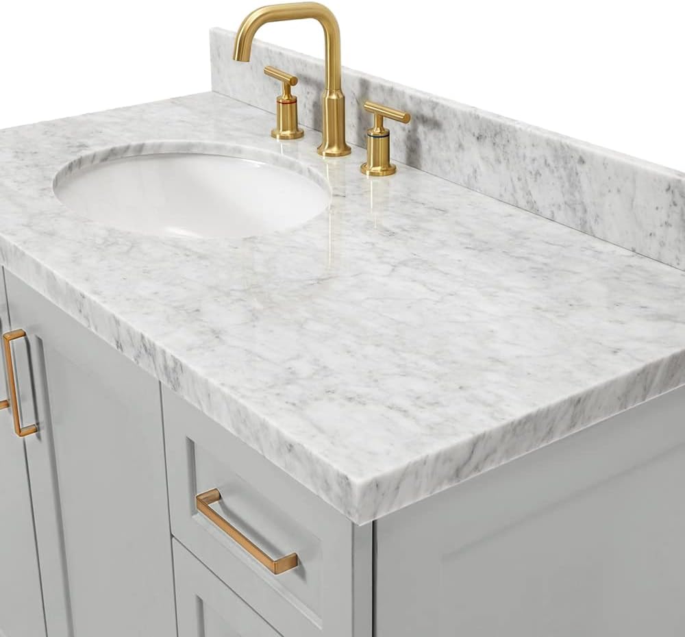 ARIEL Taylor 43 in. Left Offset Oval Sink Vanity with 1.5' Inch Carrara White Marble Countertop in Grey