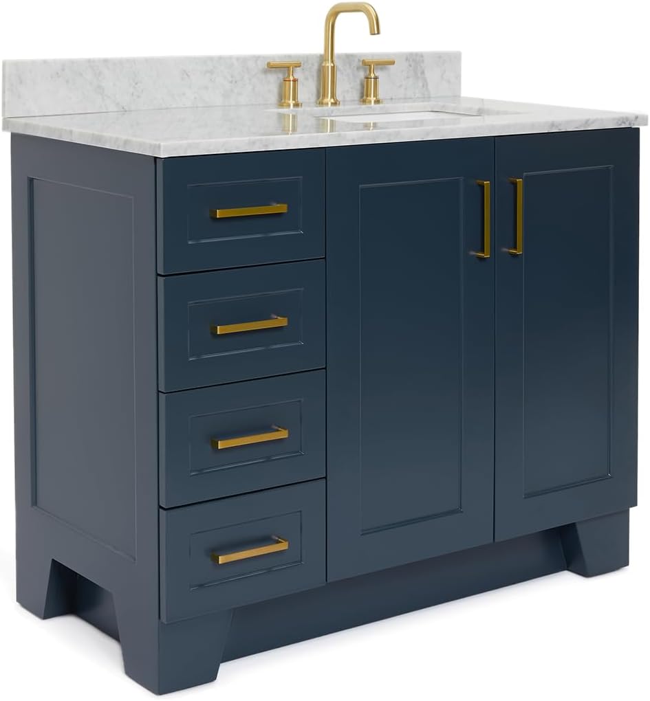 ARIEL Taylor 42-inch Bathroom Vanity with Sink,Solid Wood, 0.75-inch Italian Carrara Marble Countertop, Single Rectangular Porcelain Sink, 2 Soft Closing Doors, 5 Dovetail Drawers, Midnight Blue