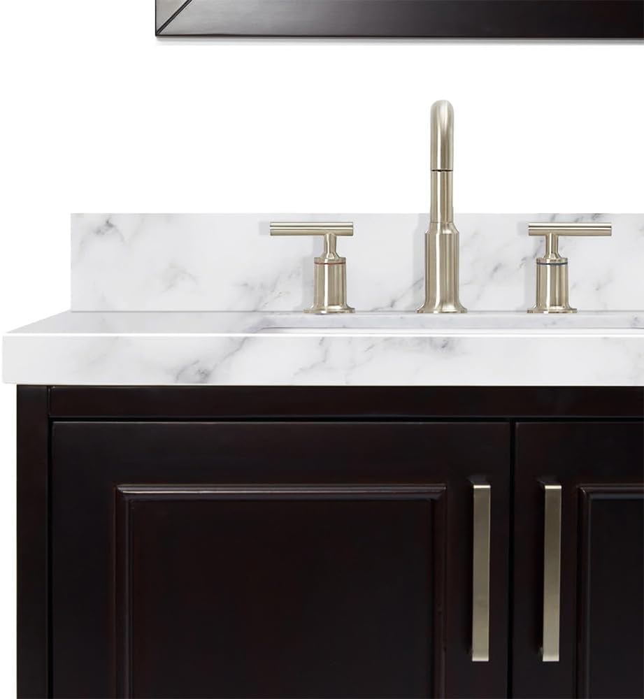 ARIEL Stafford 84-inch Bathroom Vanity with Sink,Solid Wood, 1.5-inch Italian Carrara Marble Countertop, Double Rectangular Porcelain Sink, 5 Soft Closing Doors, 6 Dovetail Drawers, Espresso