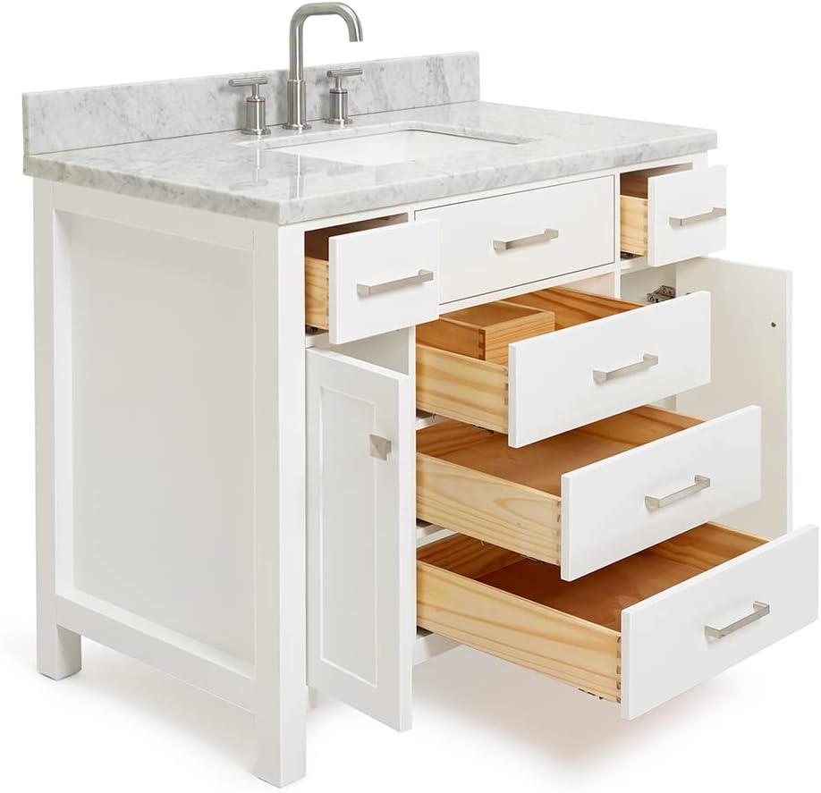 ARIEL 48' White Bathroom Vanity with Sink, 1.5' Edge Italian Carrara Marble Countertop, Rectangular Undermount Sink, 2 Soft Closing Doors, 5 Dovetail Drawers