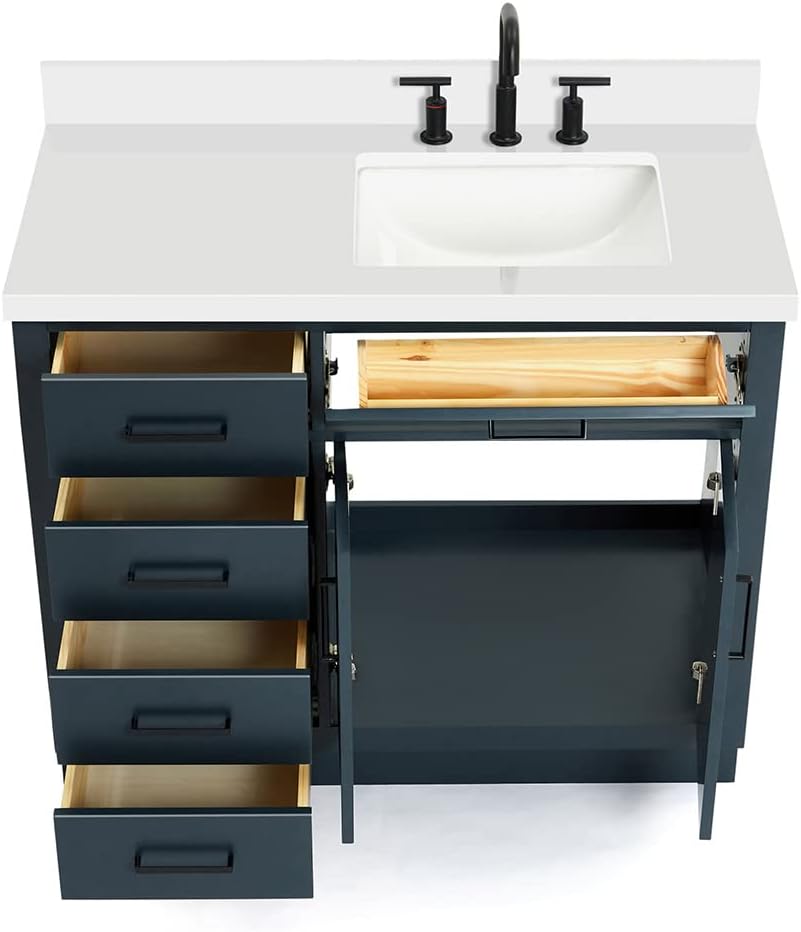 DKB Isabella 42' Midnight Blue Single Bathroom Vanity with Rectangular Undermount Sink, 1.5' Pure White Quartz Countertop, Solid Wood Frame, 2 Soft Closing Doors, 5 Full Extension Dovetail Drawers