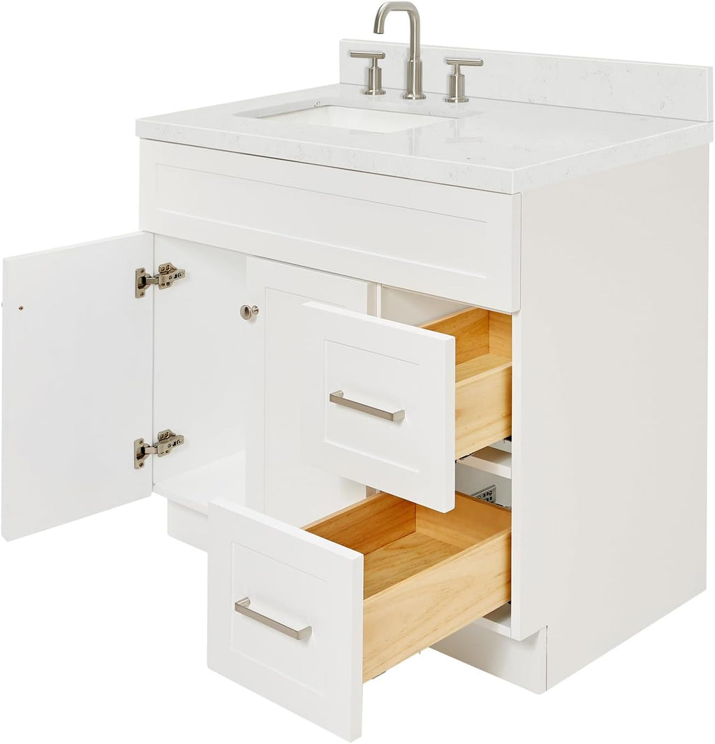 DKB Bradford 36' White Single Bathroom Vanity with Rectangular Undermount Sink, 1.5' Carrara Quartz Countertop, 2 Soft-Closing Doors, 2 Dovetail Drawers