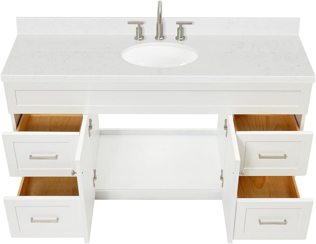 ARIEL Hamlet 60-inch Bathroom Vanity with Sink,Solid Wood, 1.5-inch Carrara White Quartz Countertop & Backsplash, Single Oval Porcelain Sink, 2 Soft Closing Doors, 4 Dovetail Drawers, White