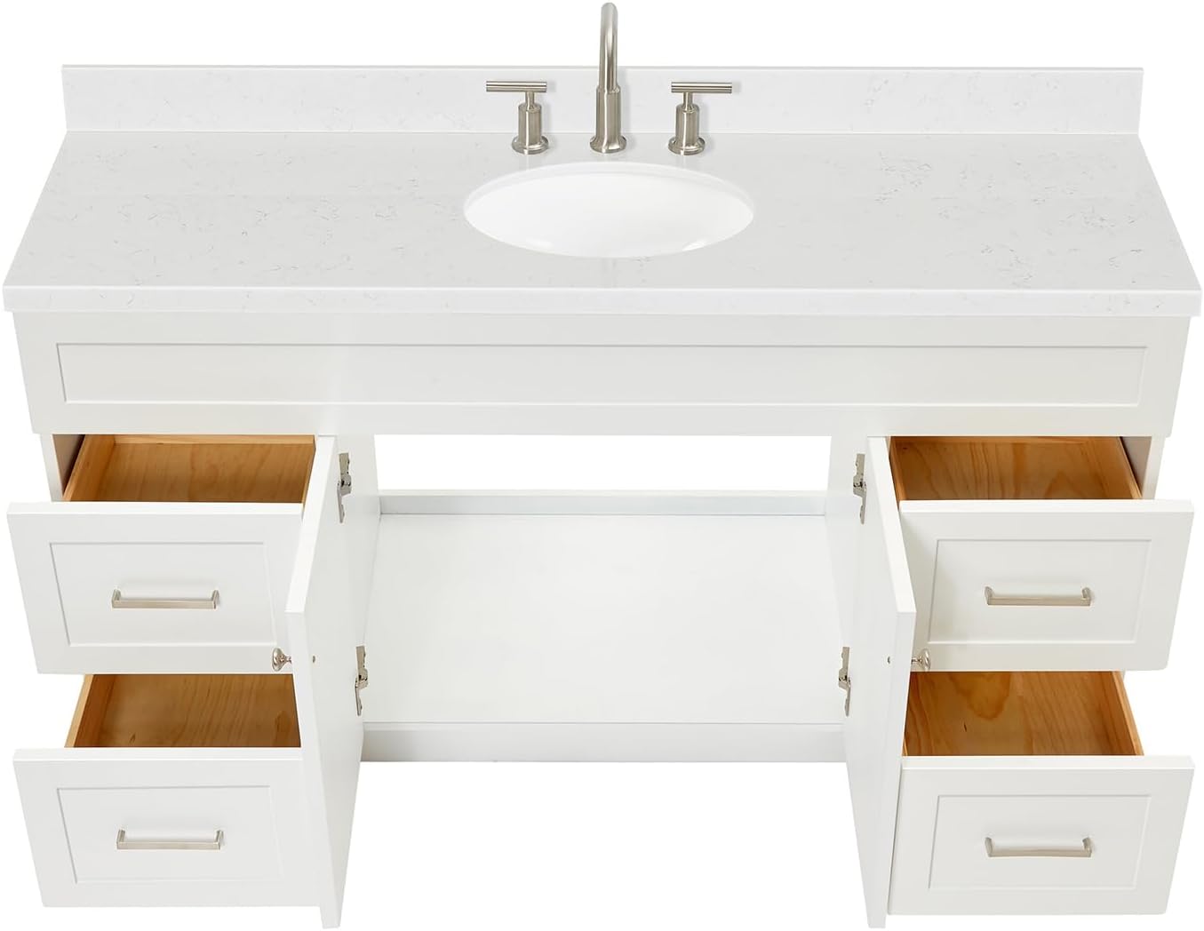 ARIEL Hamlet 60-inch Bathroom Vanity with Sink,Solid Wood, 1.5-inch Carrara White Quartz Countertop & Backsplash, Single Oval Porcelain Sink, 2 Soft Closing Doors, 4 Dovetail Drawers, White