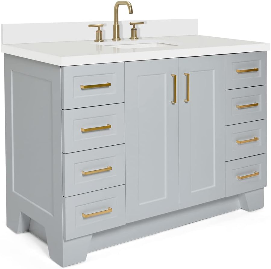 ARIEL Taylor 48-inch Bathroom Vanity with Sink,Solid Wood, 1.5-inch Pure White Quartz Countertop, Single Rectangular Porcelain Sink, 2 Soft Closing Doors, 9 Dovetail Drawers, Satin Brass, Grey
