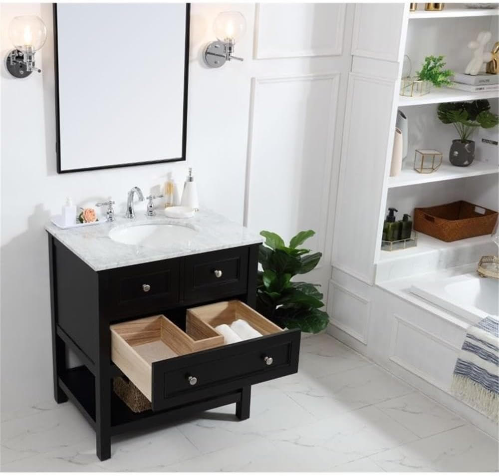 Pemberly Row 30' Single Bathroom Vanity, Marble Top, Black Finish, Solid Poplar Wood Base, White Porcelain Undermount Sink, Soft Close Drawer, Open Shelf, Contemporary Design for Modern Bathrooms