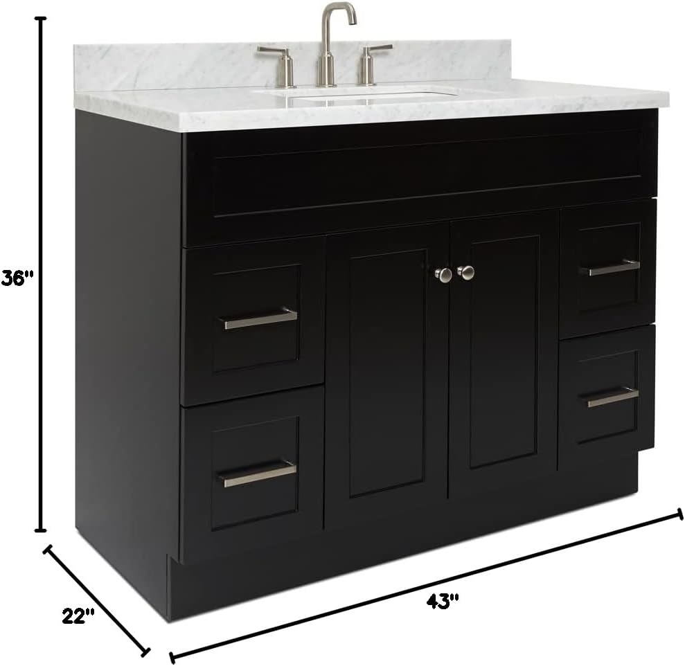 ARIEL 42' White Bathroom Vanity with Sink, 1.5' Edge Italian Carrara Marble Countertop, Rectangular Sink, 2 Soft Closing Doors, 4 Dovetail Drawers, Brushed Nickel