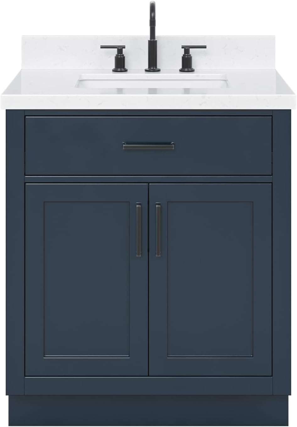 ARIEL Hepburn 30-inch Bathroom Vanity with Sink,Solid Wood, 1.5-inch Carrara White Quartz Countertop, Single Rectangular Porcelain Sink, 2 Soft Closing Doors, 1 Dovetail Drawers, Midnight Blue