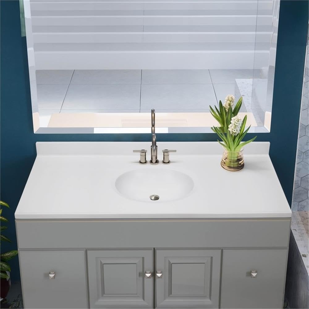 BOWERY HILL Cultured Marble Single Bowl Vanity Top, 49x19, Solid White Finish, Oval Sink, Pre-Drilled 4' Faucet Holes, Integrated Backsplash, Modern Bathroom Countertop