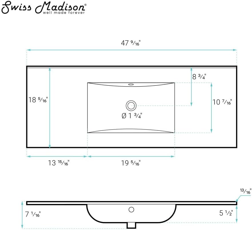 Swiss Madison 48' Zero Hole Vanity Sink Top in Glossy White
