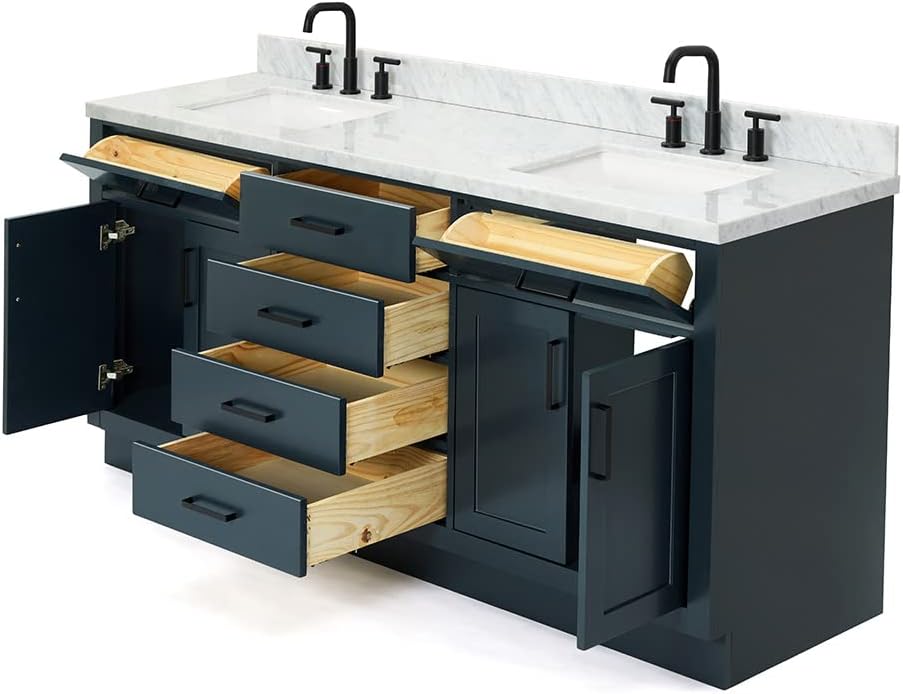 DKB Isabella 72 Inch Bathroom Vanity Double Sink — Midnight Blue Bathroom Vanity with Sink, 1.5' Edge Italian Carrara Marble Countertop, 4 Soft-Close Doors, 4 Dovetail Drawers, and 2 Tilt Drawers