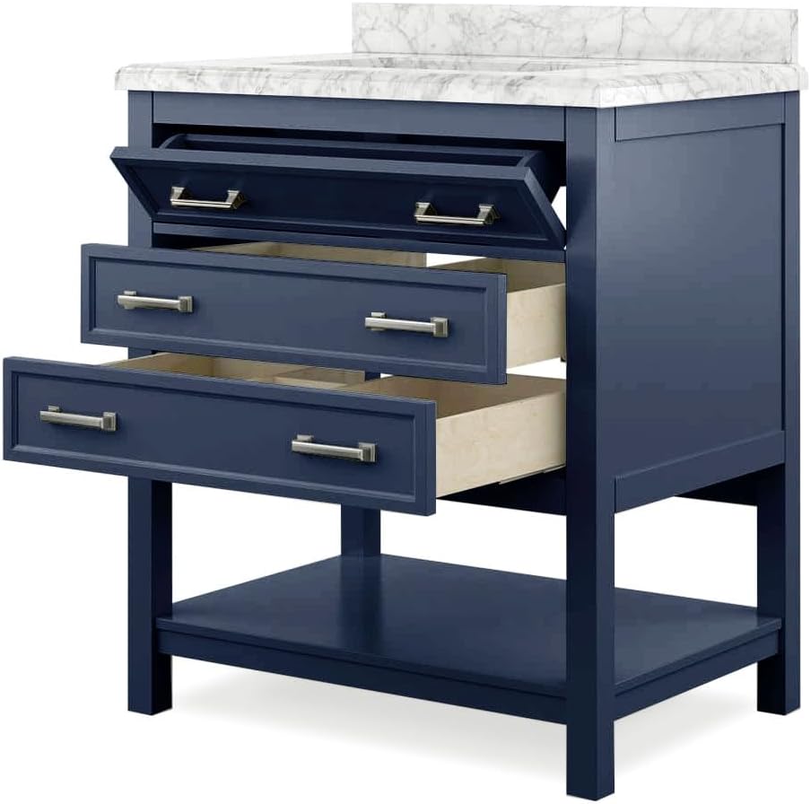 Furniture of America Genevieve 31 inch Modern Bathroom Vanity with Sink, Wood Cabinet with Carrera Marble Top, Soft-Closing Drawers and Open Shelf, Blue