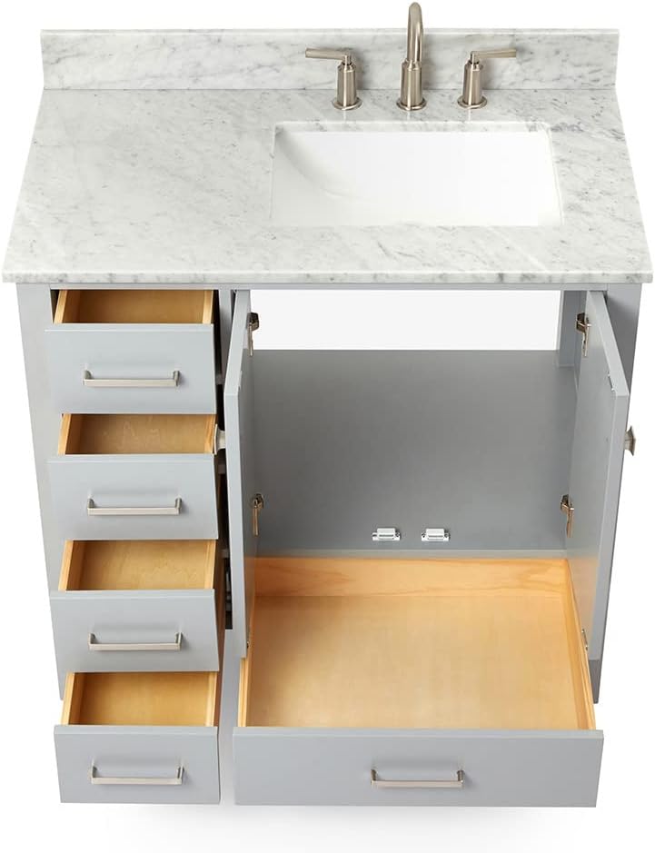 ARIEL Cambridge 36-inch Bathroom Vanity with Sink,Solid Wood, 0.75-inch Italian Carrara Marble Countertop, Single Rectangular Porcelain Sink, 2 Soft Closing Doors, 5 Dovetail Drawers, Grey