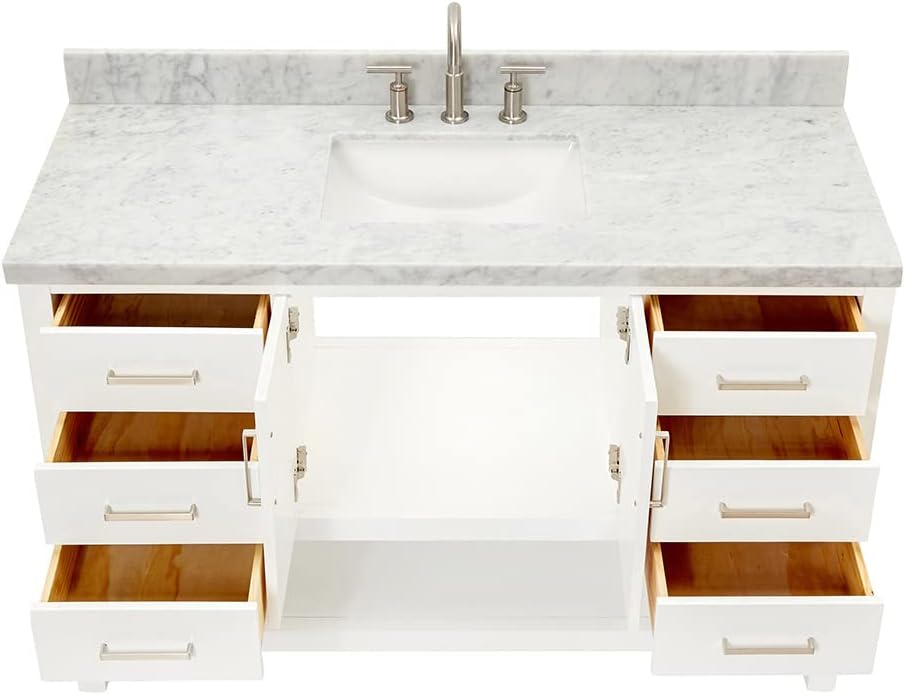 ARIEL Magnolia 54-inch Bathroom Vanity with Sink,Solid Wood, 1.5-inch Italian Carrara Marble Countertop, Single Rectangular Porcelain Sink, Soft Closing Doors, Dovetail Drawers, White