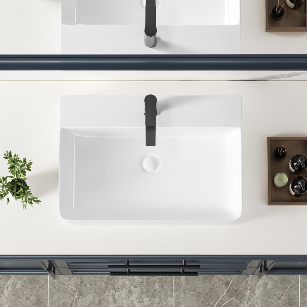KINGWONG 24' Ceramic Vessel Sink | White Rectangular Bathroom Sink Above Counter or Wall Mounted | Large Porcelain Vanity Basin with Overflow Easy Clean Glossy Finish for Master Bath RV Farmhouse