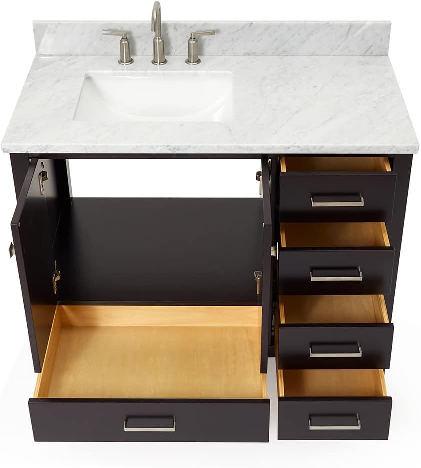 ARIEL Cambridge 43 in. Left Offset Rectangle Single Sink Vanity with Carrara White Marble Countertop in Espresso