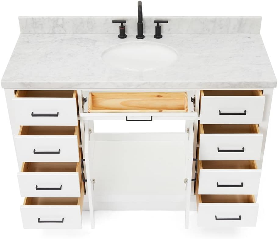 ARIEL Hepburn 54-inch Bathroom Vanity with Sink,Solid Wood, 1.5-inch Italian Carrara Marble Countertop & Backsplash, Single Oval Porcelain Sink, 2 Soft Closing Doors, 9 Dovetail Drawers, White