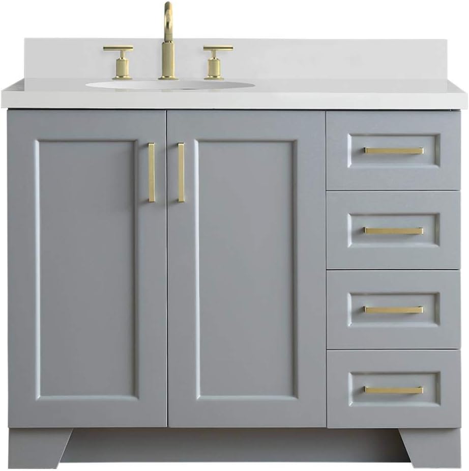 ARIEL Taylor 42-inch Bathroom Vanity with Sink,Solid Wood, 1.5-inch Pure White Quartz Countertop & Backsplash, Single Oval Porcelain Sink, 2 Soft Closing Doors, 5 Dovetail Drawers, Grey