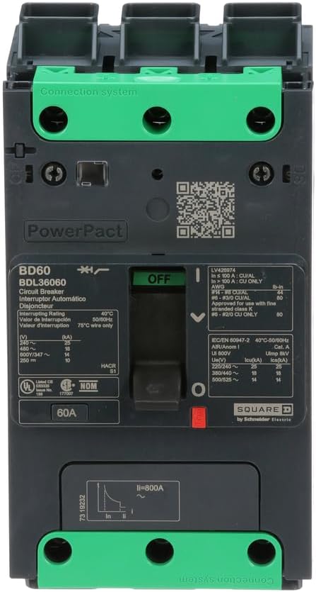 Square D by Schneider Electric BDL36060 PowerPacT B Circuit Breaker with Thermal-Magnetic Trip Unit Technology and Back Pan or DIN Rail Mounting, 60 Amp, 3 Pole