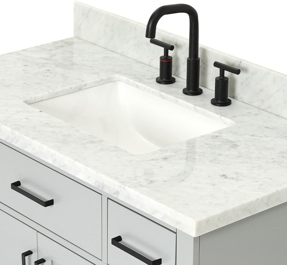 ARIEL Hepburn 42' Gray Single Bathroom Vanity with Sink, 1.5' Edge Italian Carrara Marble Top, Solid Wood Frame, Rectangular Undermount Sink, 2 Soft Closing Doors, 9 Dovetail Drawers