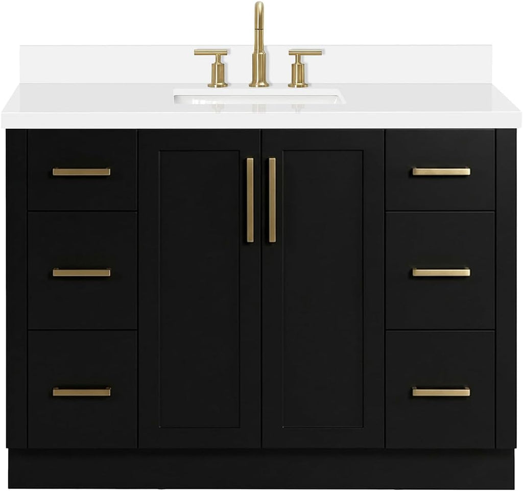 ARIEL Loren 48-inch Bathroom Vanity with Sink,Solid Wood, 1.5-inch Pure White Quartz Countertop, Single Rectangular Porcelain Sink, 2 Soft Closing Doors, 7 Dovetail Drawers, Black
