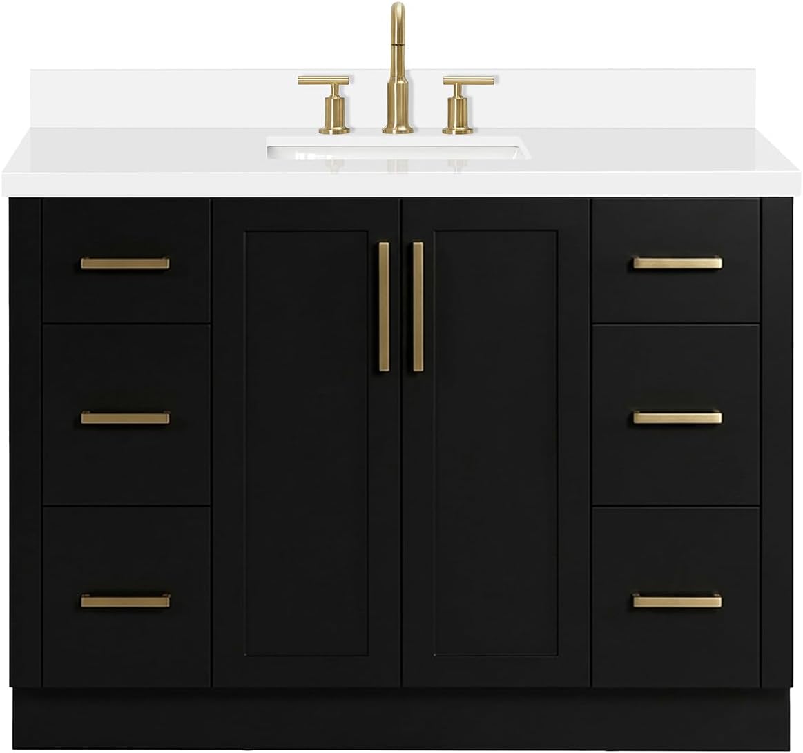 ARIEL Loren 48-inch Bathroom Vanity with Sink,Solid Wood, 1.5-inch Pure White Quartz Countertop, Single Rectangular Porcelain Sink, 2 Soft Closing Doors, 7 Dovetail Drawers, Black