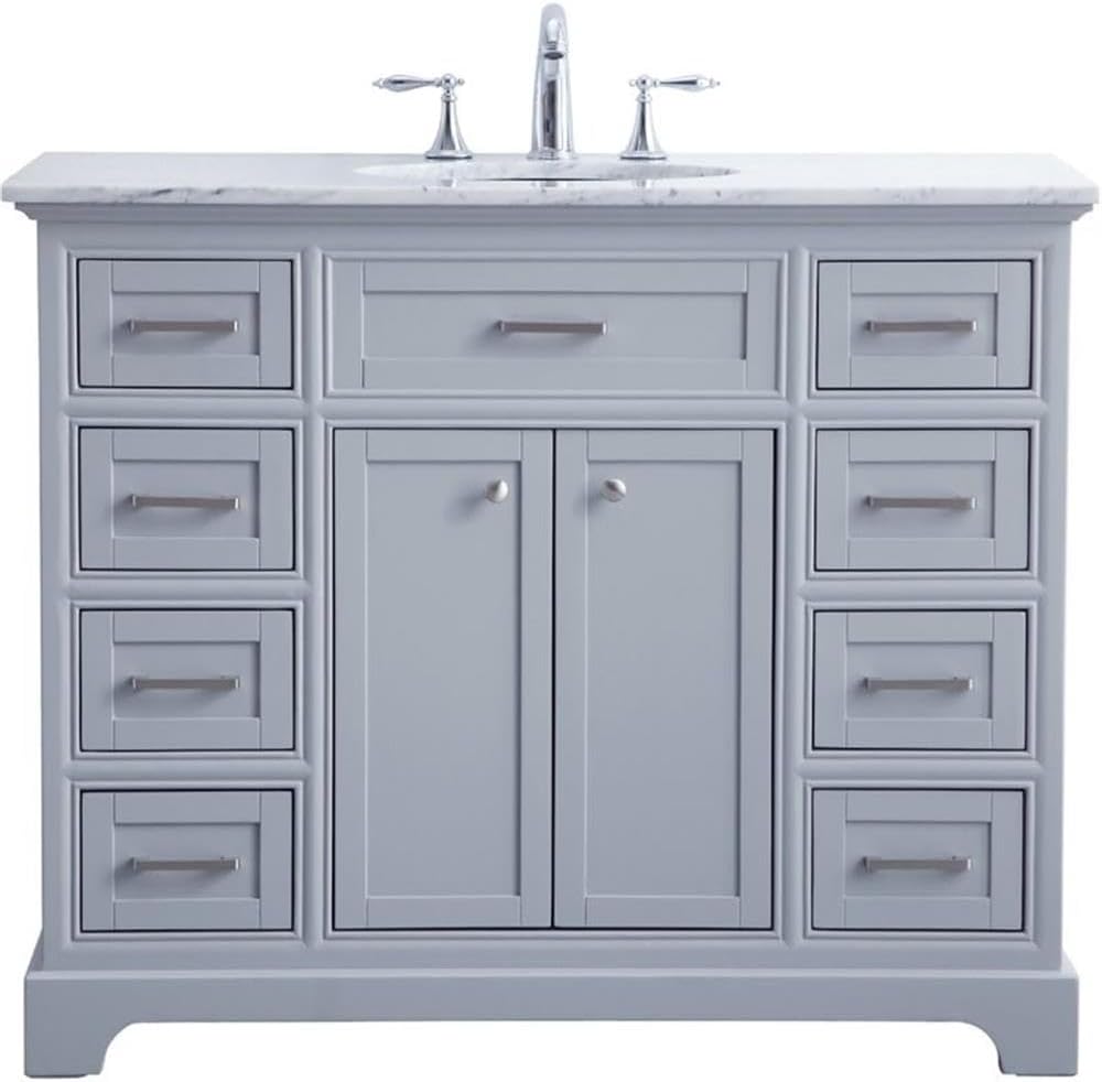 Pemberly Row 42' Single Bathroom Vanity, Solid Wood Base, Light Gray Finish, Carrara Marble Top, Undermount Porcelain Sink, 8 Drawers, 2 Door Cabinet, Free-Standing Design, Contemporary Style for