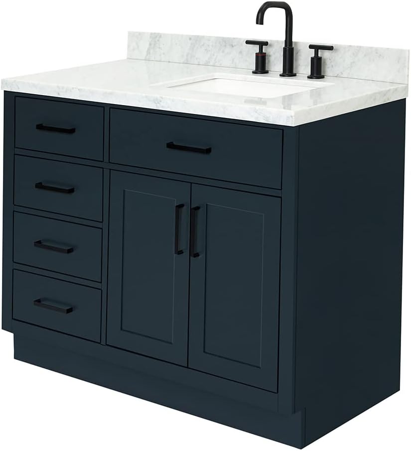 ARIEL 42-Inch White Single Bathroom Vanity with Sink, 1.5' Edge Pure White Quartz Countertop, Rectangular Undermount Sink, 2 Soft Closing Doors, 9 Dovetail Drawers, Toe Kick