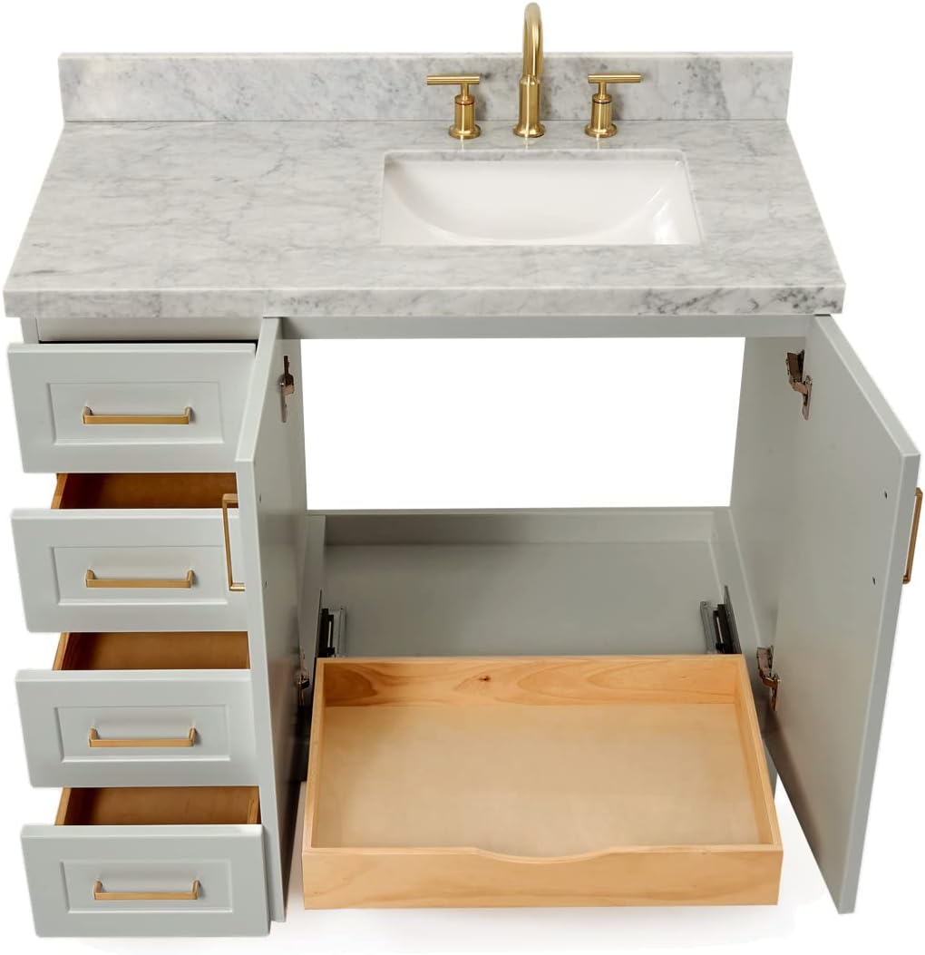 ARIEL Taylor 42-inch Bathroom Vanity with Sink,Solid Wood, 1.5-inch Italian Carrara Marble Countertop & Backsplash, Single Rectangular Porcelain Sink, 2 Soft Closing Doors, 5 Dovetail Drawers, Grey