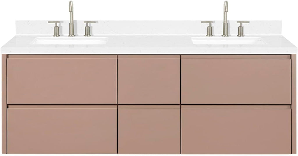 ARIEL West 60 Inch Wall-Mounted Double Rectangle Sink Bathroom Vanity with Carrara White Quartz Countertop 1.5 Inch in Mocha
