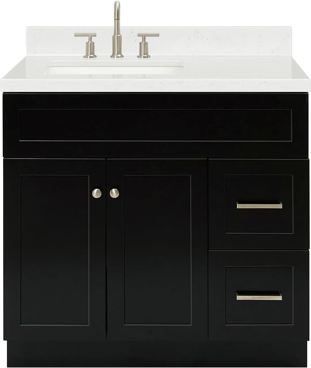 ARIEL Hamlet 36-inch Bathroom Vanity with Sink,Solid Wood, 1.5-inch Carrara White Quartz Countertop & Backsplash, Single Rectangular Porcelain Sink, 2 Soft Closing Doors, 2 Dovetail Drawers, Black