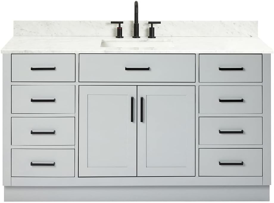 ARIEL Hepburn 60-inch Bathroom Vanity with Sink,Solid Wood, 0.75-inch Italian Carrara Marble Countertop, Single Rectangular Porcelain Sink, 2 Soft Closing Doors, 9 Dovetail Drawers, Grey