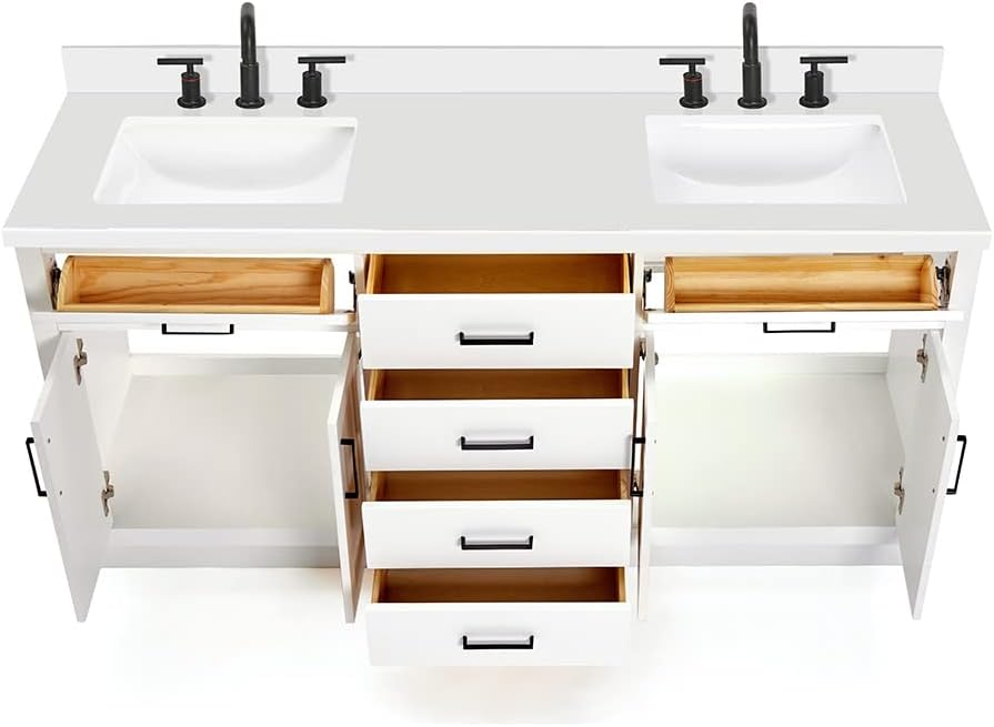 DKB Isabella 72 Inch Bathroom Vanity Double Sink — White Bathroom Vanity with Sink, 1.5' Edge Pure White Quartz Countertop, 4 Soft-Close Doors, 4 Dovetail Drawers, and 2 Tilt Drawers