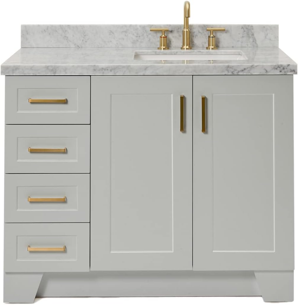ARIEL Taylor 42-inch Bathroom Vanity with Sink,Solid Wood, 1.5-inch Italian Carrara Marble Countertop & Backsplash, Single Rectangular Porcelain Sink, 2 Soft Closing Doors, 5 Dovetail Drawers, Grey