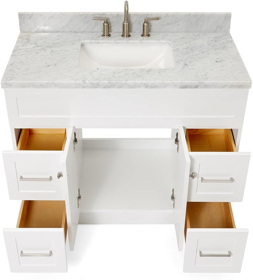 ARIEL 48-Inch Midnight Blue Bathroom Vanity with Sink, 1.5' Pure White Quartz Countertop & Backsplash, Rectangular Sink, 2 Soft Closing Doors, 4 Dovetail Drawers, Toe Kick, Satin Brass