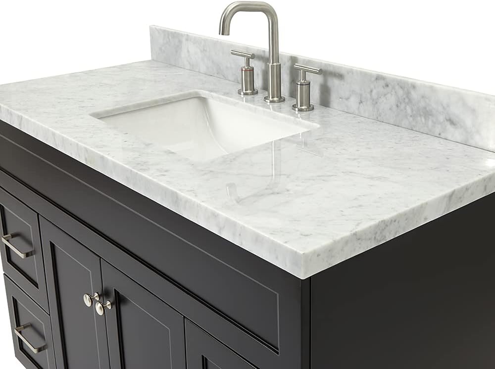 ARIEL Hamlet 48-inch Bathroom Vanity with Sink,Solid Wood, 1.5-inch Italian Carrara Marble Countertop, Single Rectangular Porcelain Sink, 2 Soft Closing Doors, 4 Dovetail Drawers, Black