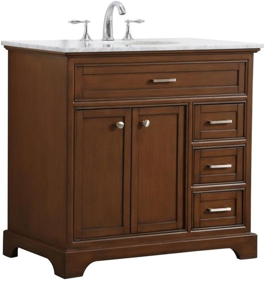Pemberly Row Contemporary 36' Wood Bathroom Vanity, Brown Teak Finish, Italian Carrara Marble Top, Oval Porcelain Undermount Sink, 3 Drawers, 2 Doors, Freestanding Design for Home or Office Bathrooms