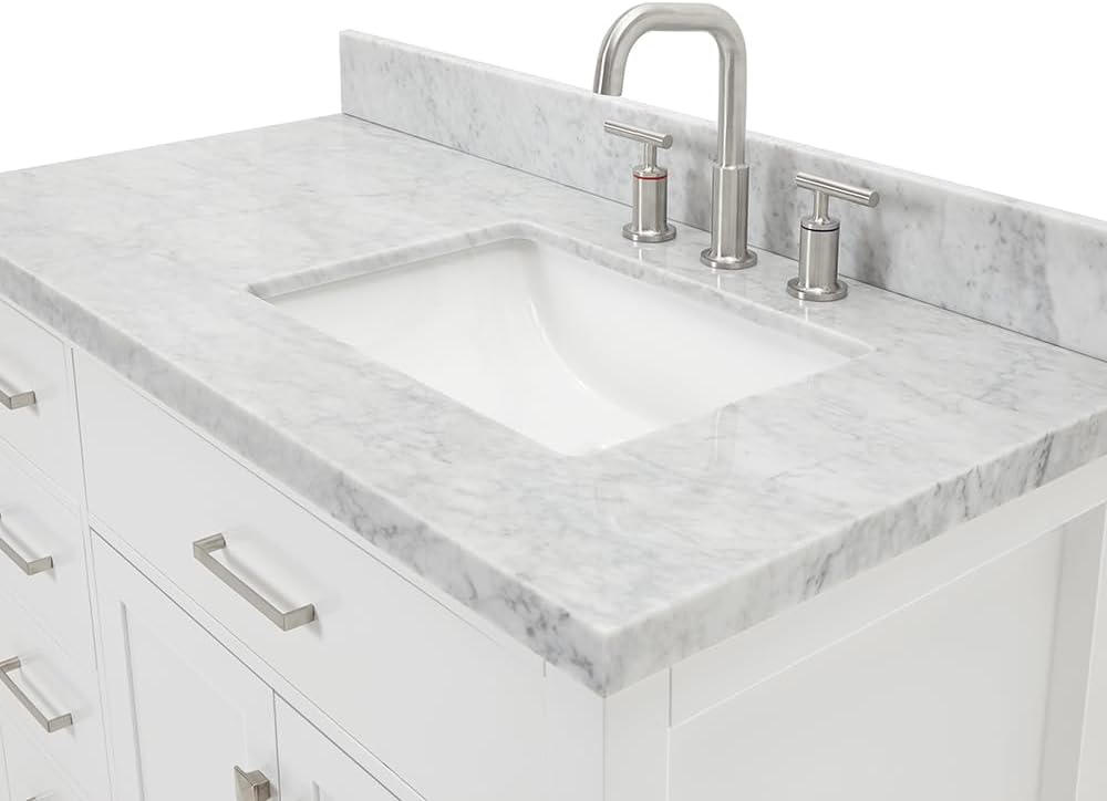 DKB Alenza 42-Inch White Single Bathroom Vanity with Sink, Italian Carrara Marble Countertop, Right Rectangular Undermount Sink, 2 Soft-Closing Doors, 4 Dovetail Drawers, Chrome Hardware