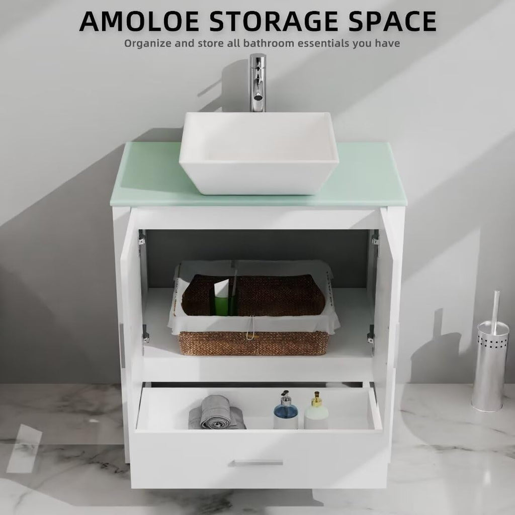 White 30' Bathroom Vanity Sink Combo Wood Bathroom Cabinet Glass Top w/Mirror Faucet & Drain Set