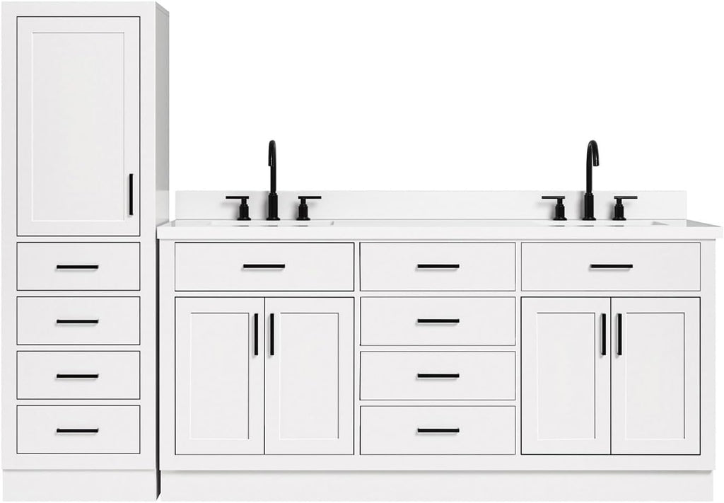 ARIEL Hepburn 93 Inch Includes 20 Inch Linen Cabinet and 1 of 73 Inch Double Rectangle Sink Bathroom Vanity with Pure White Quartz Countertop 1.5 Inch in White