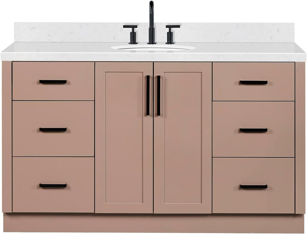 ARIEL Loren 60-inch Bathroom Vanity with Sink,Solid Wood, 1.5-inch Carrara White Quartz Countertop, Single Oval Porcelain Sink, 2 Soft Closing Doors, 7 Dovetail Drawers, Mocha