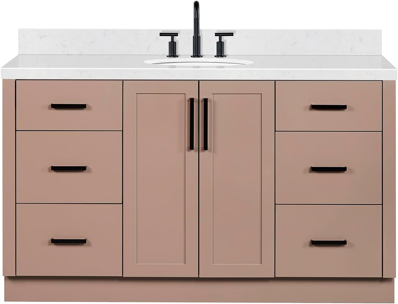 ARIEL Loren 60-inch Bathroom Vanity with Sink,Solid Wood, 1.5-inch Carrara White Quartz Countertop, Single Oval Porcelain Sink, 2 Soft Closing Doors, 7 Dovetail Drawers, Mocha
