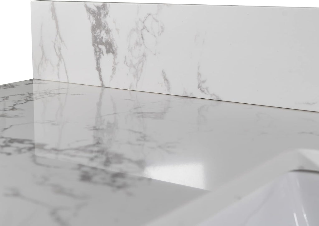 43 Inch Marble Vanity Top with Undermounted Rectangular Ceramic Sink & Backsplash, Three holes Engineered Stone Vanity Sink Top Countertop for Bathroom Kitchen (No Cabinet)